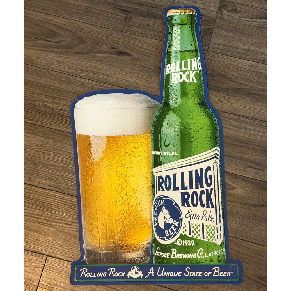 Vintage 1998 Rolling Rock Beer Tin Sign Pennsylvania PA Shaped Tacker 25" x 15"